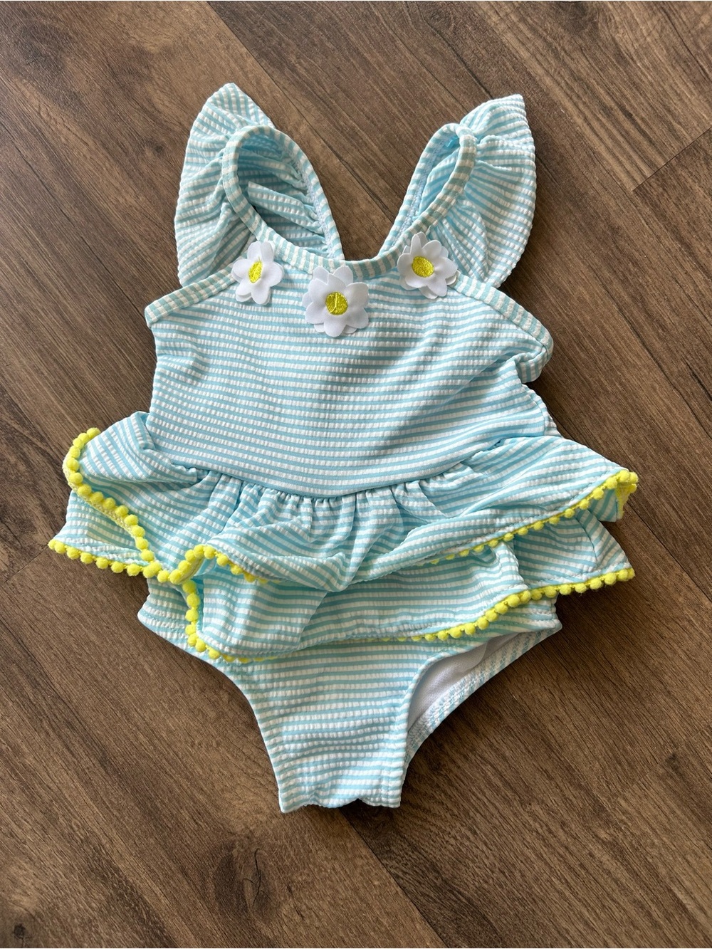 Toddler Blue & White Striped Ruffle One-Piece Swimsuit with Yellow Trim
